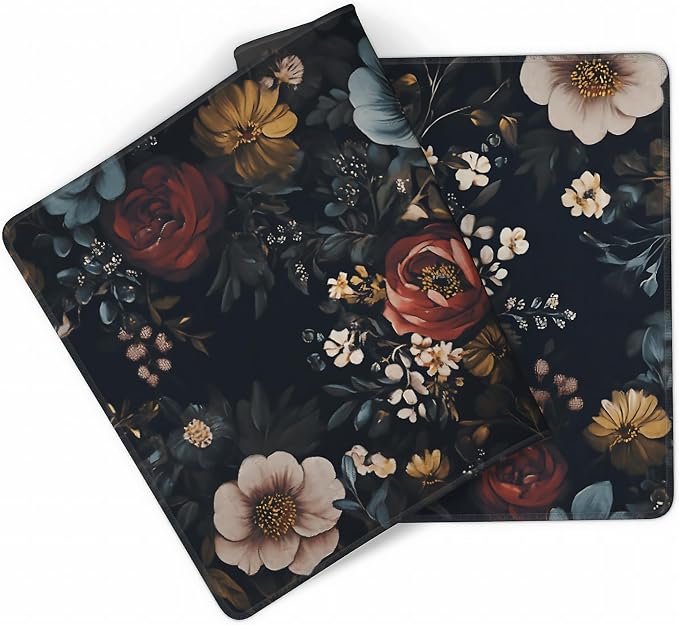 Floral Aesthetic Rose Gaming Mouse Pad, Black Dark Botanical Desk Mat with Anti-Slip Base & Stitched Edges,35.4" x 15.7" in Desk Accessories for Women, Home Office Decor & Artistic Gift