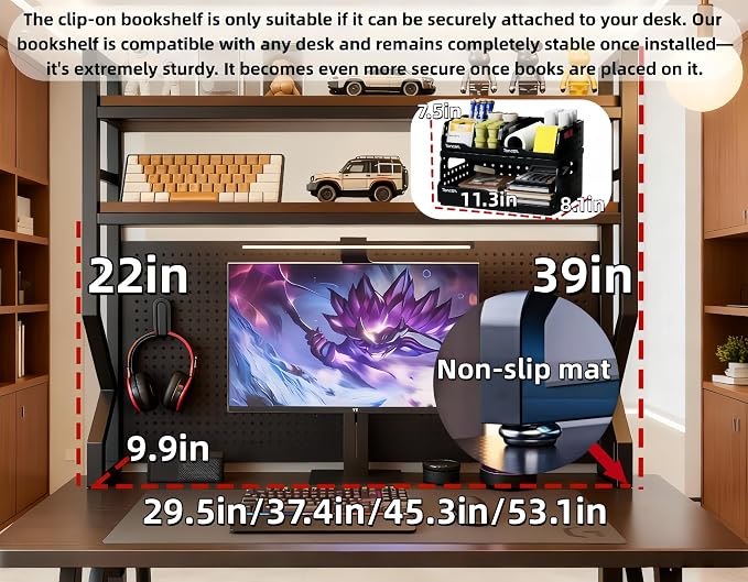 Desktop Hutch Bookshelf,Many Gifts,Metal Desktop Bookcase with pegboard, Desk Shelf Brown, Countertop Storage Organizer Rack for Dorm or Office,Desktop Shelves (Natural+Black, 53.1" Lx9.9 Wx39 H)