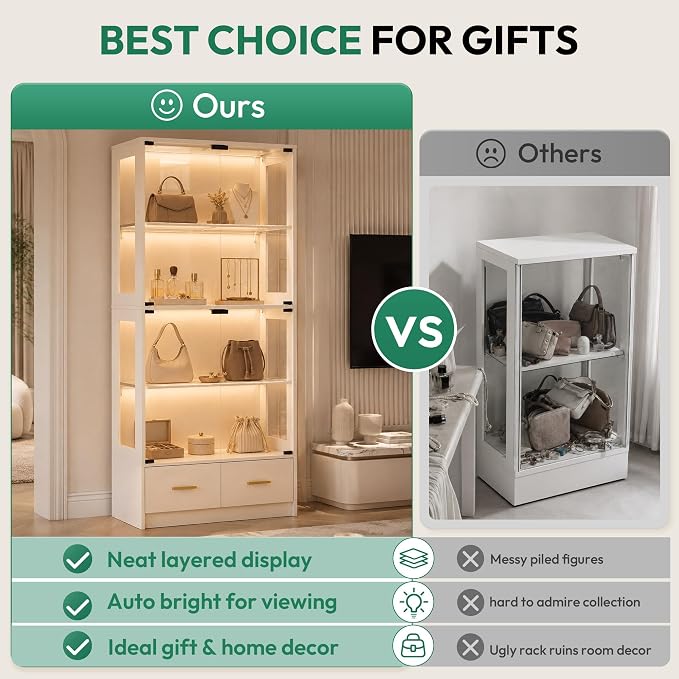 67" Display Cabinet with Glass Doors and 2 Drawers | White | RGB LED Lights, Pop-Up Glass Doors, Adjustable Shelves, Anti-Tip Design