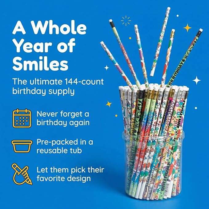 Anderson's Birthday Pencil Tub, Set of 144, School Supplies, Classroom Supplies, Writing