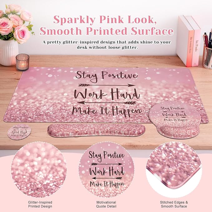 iCasso Pink Ergonomic Mouse Pad with Wrist Rests Set for Desk Accessories