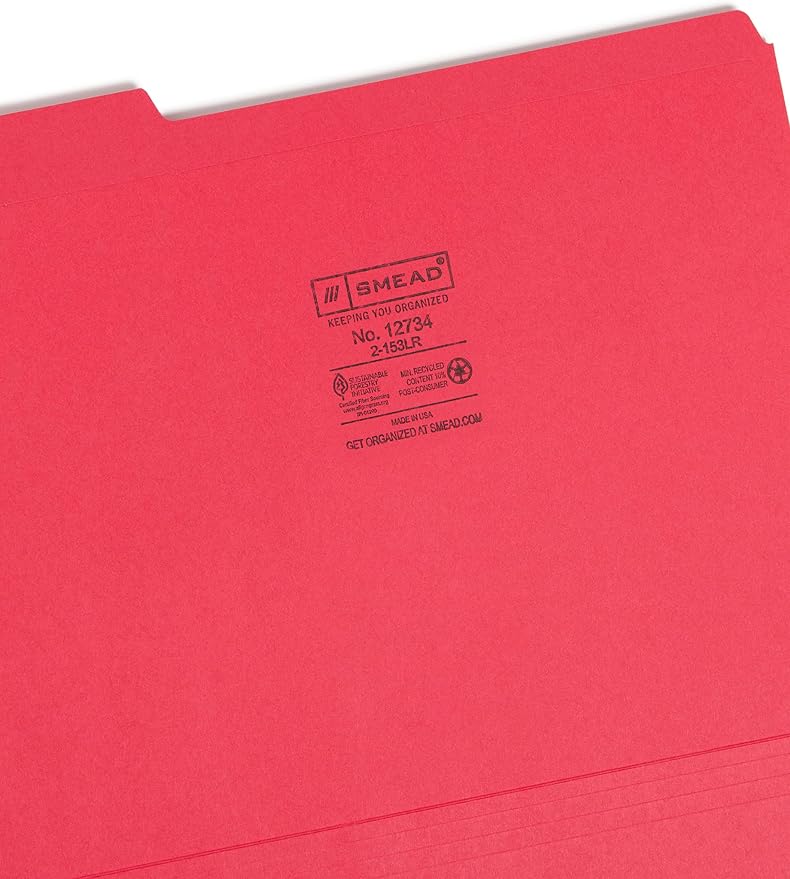 Smead File Folder, Reinforced 1/3-Cut Tab, Letter Size, Red, 100 per Box (12734)