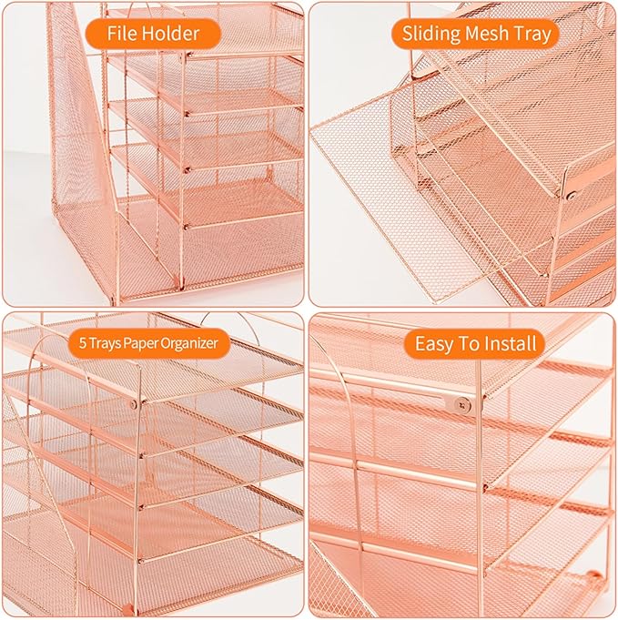 LEKETREE Desk Organizers and Accessories, 5-Tier Paper Letter Tray Organizer with File Holder, Desktop Organizer for Office Supplies (Rose Gold)