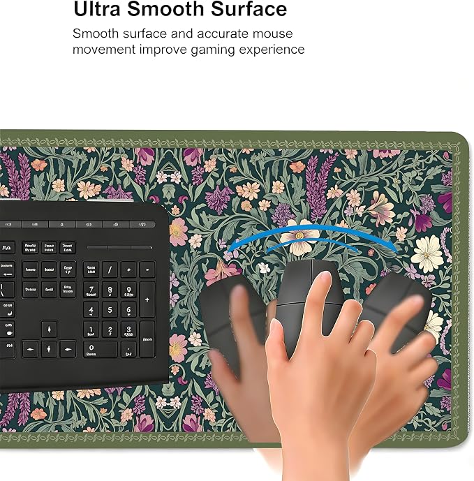 Cute Floral Aesthetic Lavender Gaming Mouse Pad, Dark Green Rug Desk Mat with Anti-Slip Base & Stitched Edges,35.4" x 15.7" in Table Mat for Computer Desktop, Beautiful Workstation Decor