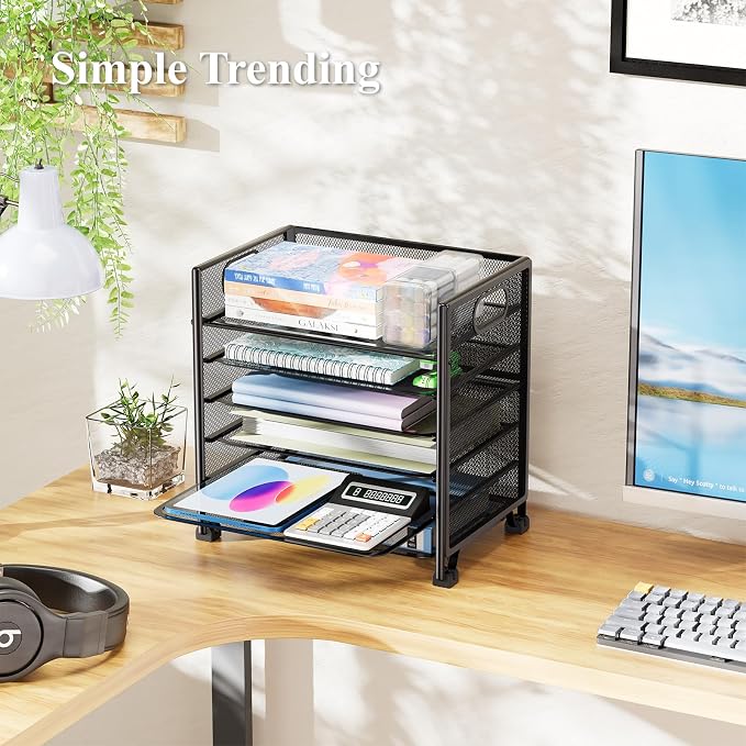 Simple Trending 6-Tier Paper Tray Organizer, File Organizer for Desk, Black | Letter Tray Holder with Handle. Sturdy Metal Frame. Non-slip Feet. Black for Office Home School. 13"L x 8.75"W x 14.6"H