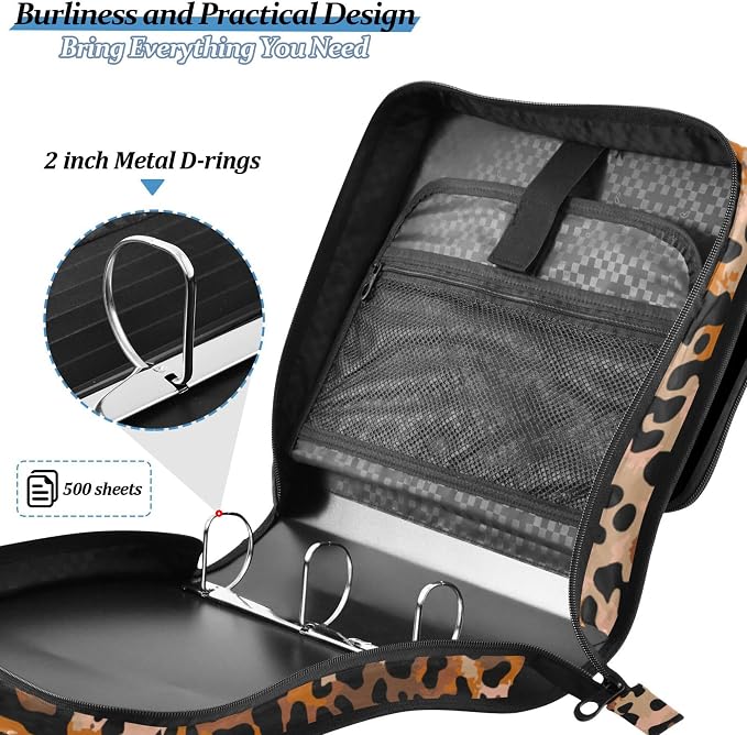 Fisyme Cheetah Leopard Print Zipper Binder 3 Ring with Zipper and Shoulder Strap Large Capacity Multi-Pocket Binder Organizer