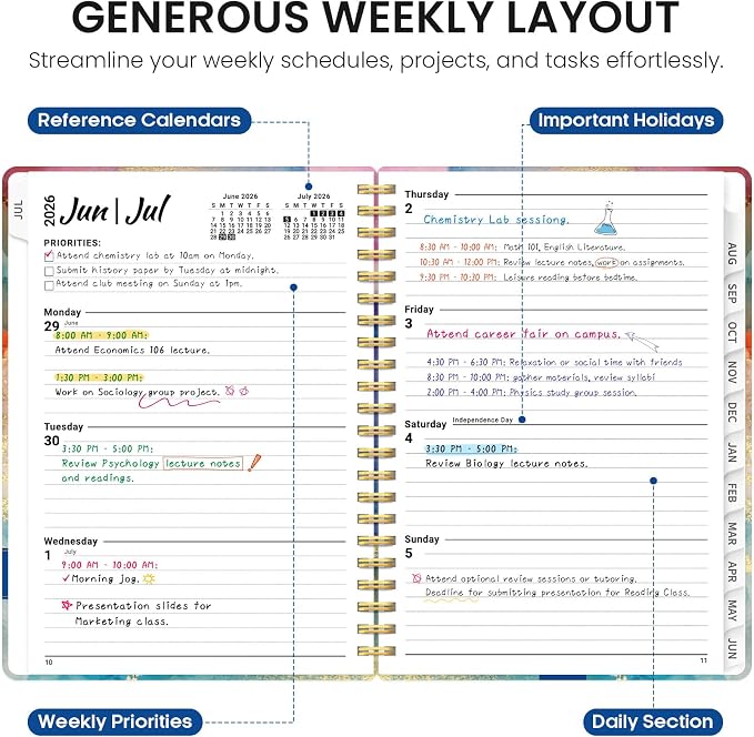Taja Planner 2026-2027, Jul 2026-Jun 2027 Monthly & Weekly Calendar Planner | 6.3" x 8.5", Hardcover Academic Calendar, Teacher Student Agenda Book with Tabs, School Office Supplies, Color Splash