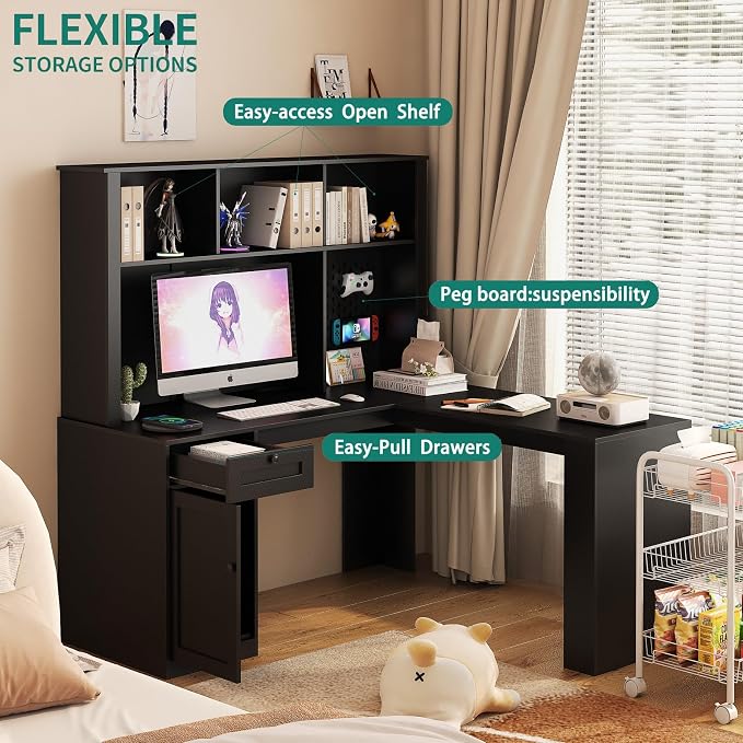 KEIKI L Shaped Home Office Desks with Outlet, Pegboard, Hutch, Drawers, Bookshelf & Storage Shelves, Modern Wooden Gaming Computer Corner Table for Work, Study, Writing