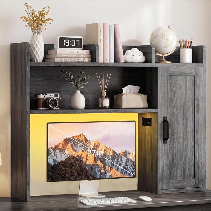Dorm Desk Hutch, 37.4" Desktop Shelf with 6 Shelves & Power Outlet | Desk Hutch with Drawer & RGB LED Light Over Desk Organizer Desktop Storage Shelf for Dorm Office Home Computer Desk-Grey