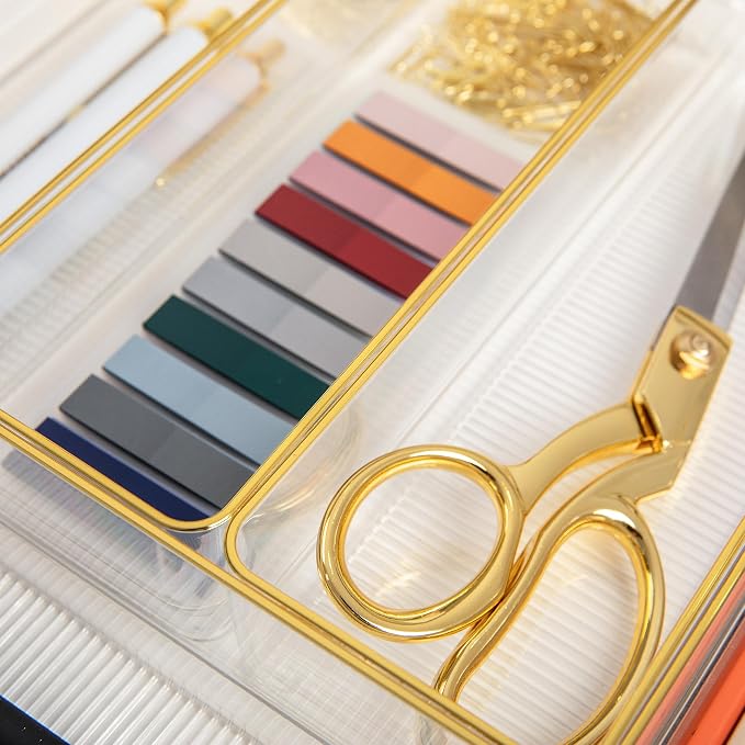 Martha Stewart Kerry Stackable Desk Drawer Organizers, Clear/Gold, 6-Pack | 12x3 in Organizers, Gold Trim, Stackable