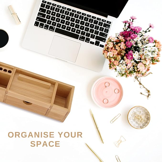 Bamboo Desk Organizer – Durable Office Wood Desk Organizer with Drawers, Storage Compartments, Pen Holder, and Phone Holder- Home and Office Desk Organizers and Accessories