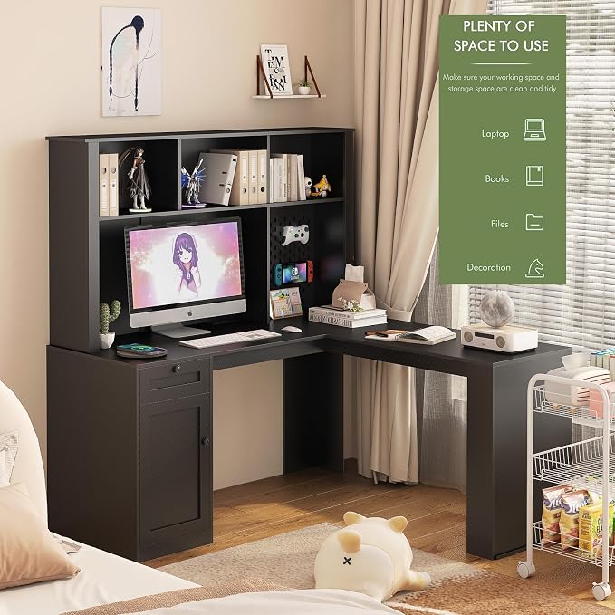 KEIKI L Shaped Home Office Desks with Outlet, Pegboard, Hutch, Drawers, Bookshelf & Storage Shelves, Modern Wooden Gaming Computer Corner Table for Work, Study, Writing
