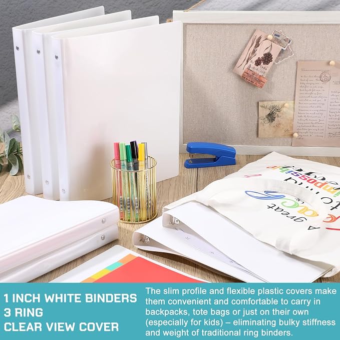 Fulmoon 12 Pcs Economy View 3 Ring Plastic Binder 12.2 x 9.8 Inch Plastic Round Ring Binders with Pockets Notebinder for Meetings for Home, Office, School(White,1 Inch)