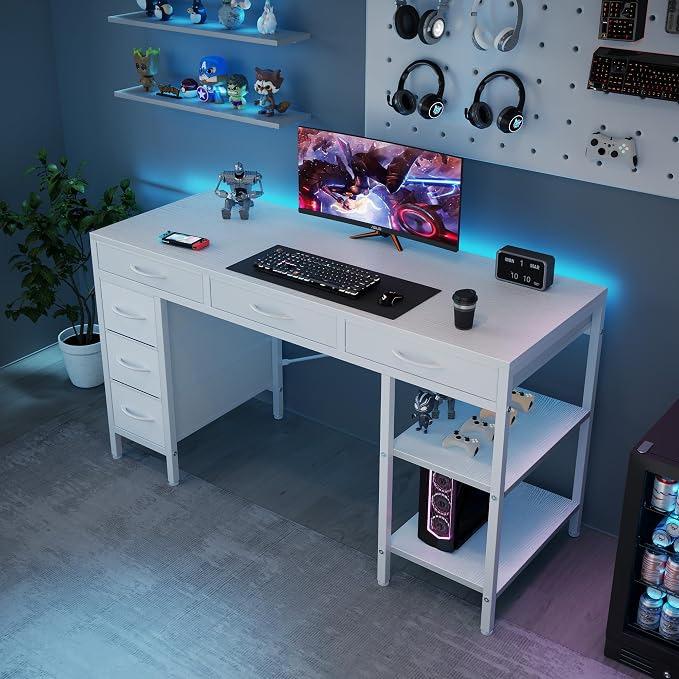 Sweetcrispy 55" Computer Desk with 6 Fabric Drawers & Storage Shelves | Reversible Gaming Desk, Office Desk, Computer Workstation, Corner Desk with Storage, Home Office, Living Room, White