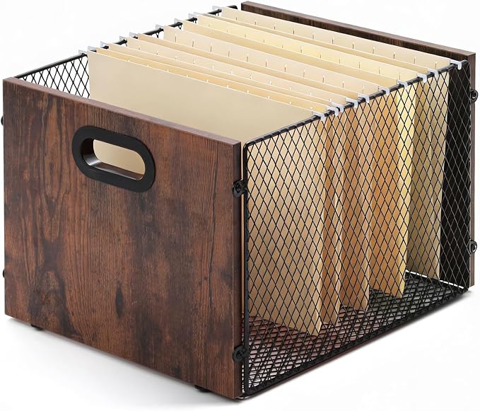 Yalikop Rustic Brown Wood File Box Organizer, Hanging Folder Storage Boxes, Filing Crate Bin Holder with Handle for Home Office Desk, Letter Size