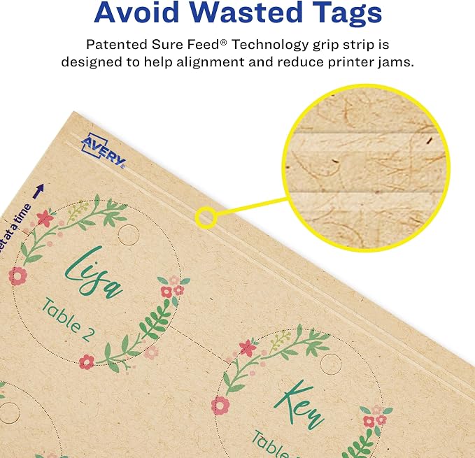 Avery® Kraft Brown Round Tags, Sure Feed® Technology, 2" Diameter, Printable on Both Sides, Includes Strings, 96 Total (80515)