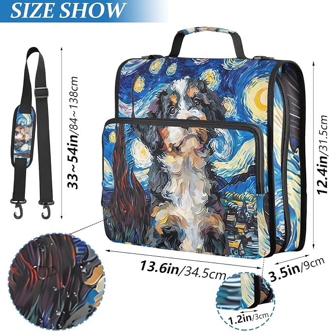 3 Ring Zipper Binder with Shoulder Strap Bernedoodle Dog Starry Night 1.5 inch Binders Keeper Large Capacity Multi Pockets for School Office Supplies