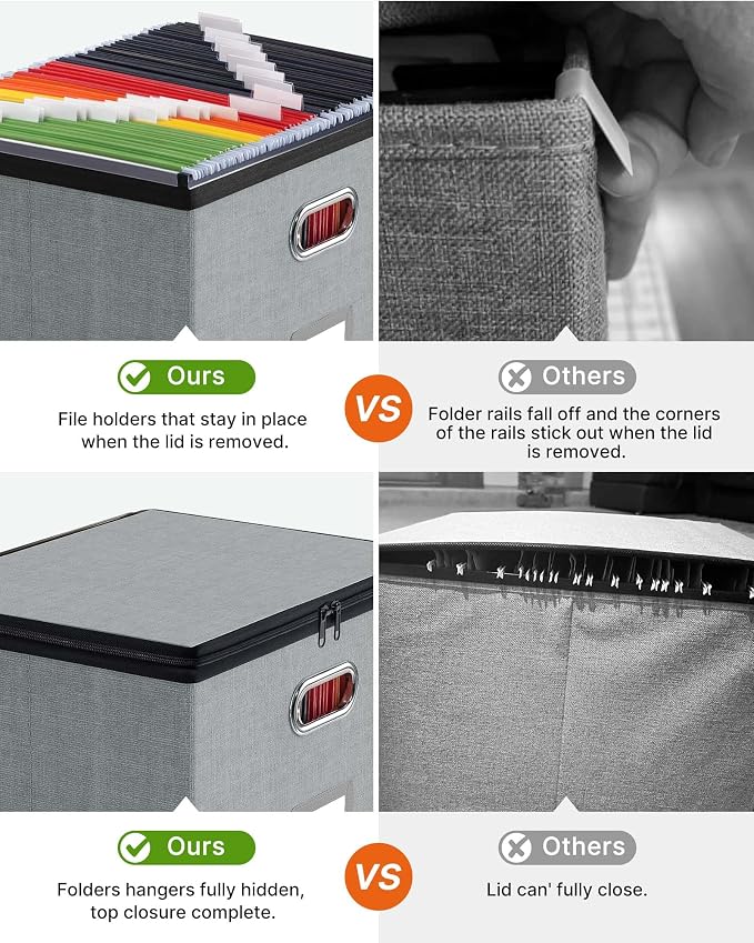 Oterri File Box Large 1-Pack Hanging Organizer for Letter/Legal-Size Folder | Dustproof Lid. 3 Mesh Pockets. Collapsible Scratch-Resistant GRS Linen. Slide Rails. Office, Home, Dorm