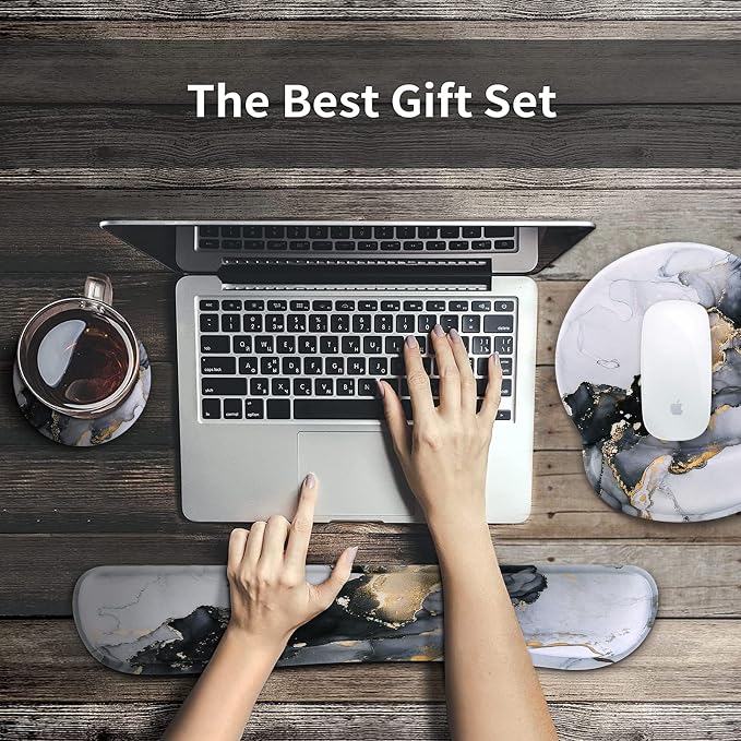 iCasso Grey Marble Mouse Mat 35.4"x15.7", Computer Pad for Teacher | Classroom Ergonomic Desk Pad Featuring Keyboard Wrist Rest, Vintage Mousepad Set for Table Home Computer Setup