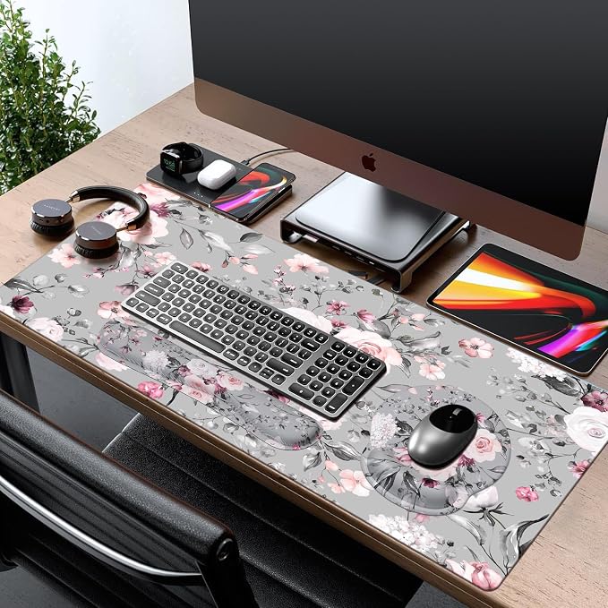 iCasso Desk Blotter for Workspace, Pink Floral 35.4"x15.7" Mousepad | School Ergonomic Desk Pad Featuring Keyboard Wrist Rest, Elegant Mousepad Set for Study Workspace Computer Setup