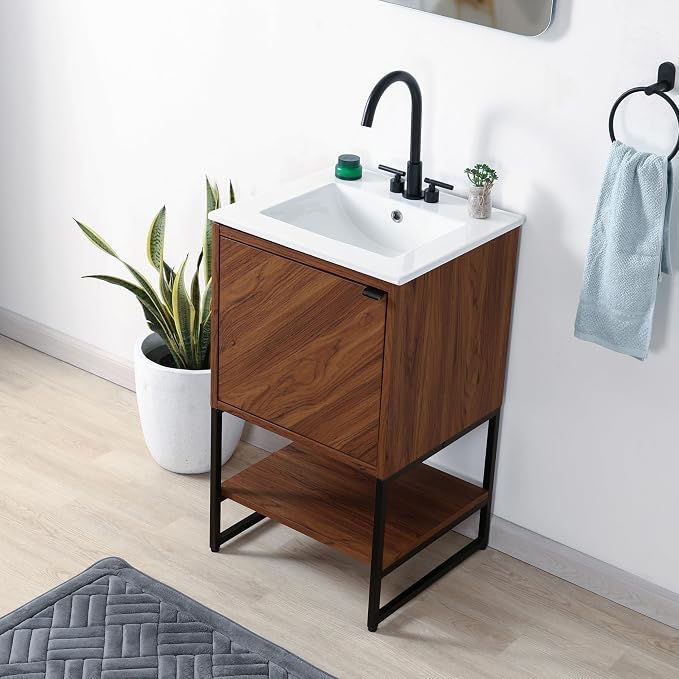 JONATHAN Y Juhl 20" Chevron Freestanding Bathroom Vanity Cabinet, Walnut | Modern Minimalist Design, 18" Deep 33" Tall, Soft-Close Door, Interior And Open Shelves, Sink Not Included