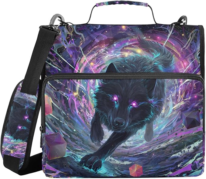 Black Wolf Purple Eyes Galaxy Zipper Binder Bag 3 Ring Binder with Shoulder Strap Zip Up 500 Sheets Capacity Multi Pockets for School Office Supplies