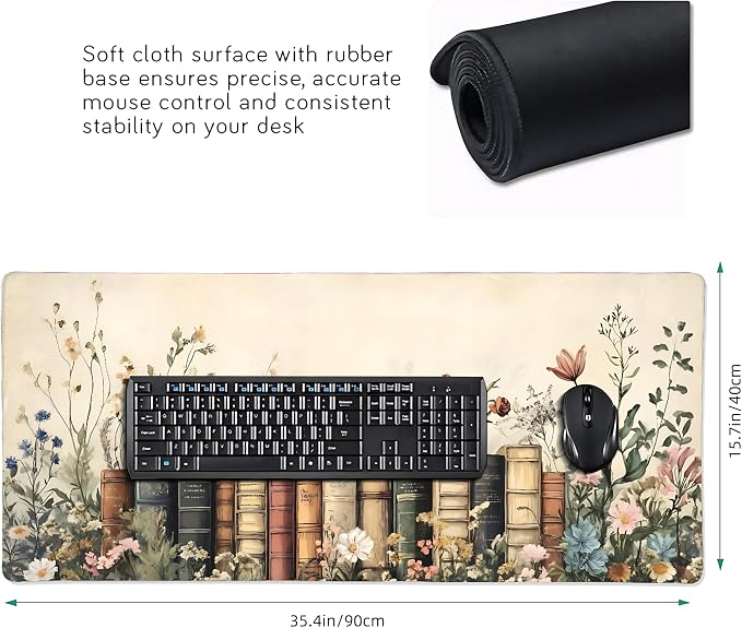 Floral Aesthetic Book Gaming Mouse Pad, Beige Vintage Botanical Desk Mat with Anti-Slip Base & Stitched Edges, Computer Keyboard & Laptop Pad, 35.4" x 15.7" in in Workstation Accessories