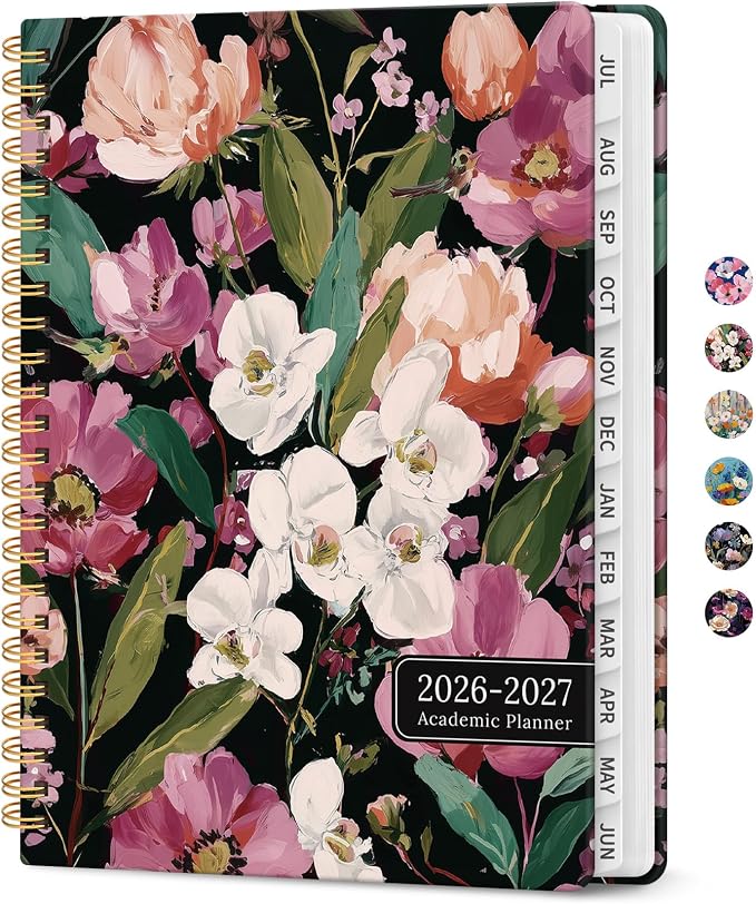Planner 2026-2027, Monthly & Weekly Jul 2026-Jun 2027 Calendar Book | 6.3" x 8.5", Hardcover Spiral Planner with Tabs, School & Daily Pretty Agenda for Women, Students, Teachers, Blush Garden