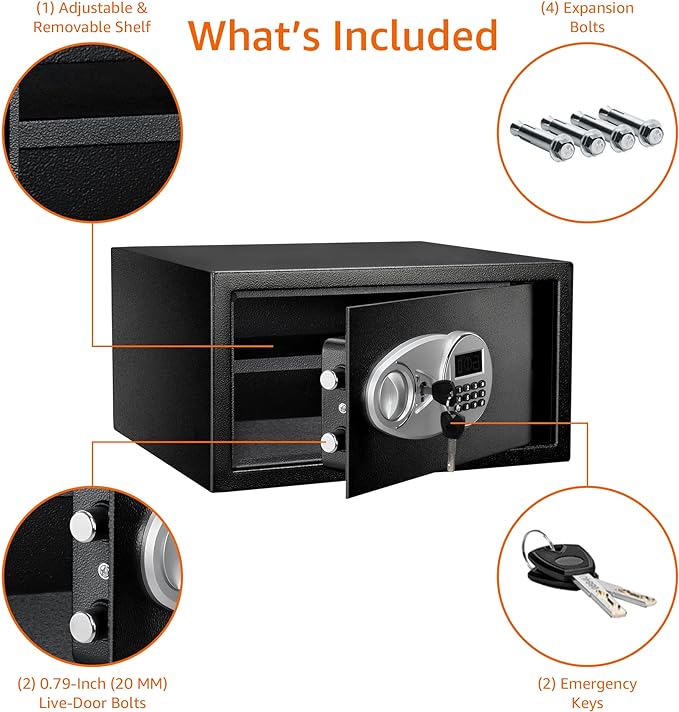 Amazon Basics Steel Security Safe Box with Digital Keypad, for Valuables, Cash, Jewelry, Documents, Removable Shelf, Black, 1 Cubic Foot, 16.9"x14.6"x9.1" (WxDxH)