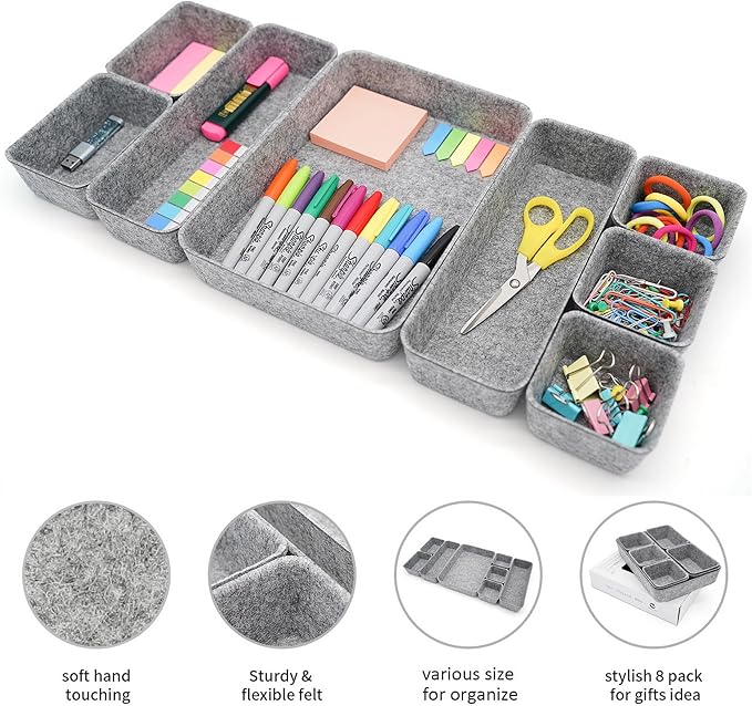 Desk Drawer organizers tray Felt storage bins aesthetics room décor for home office dorm closet decluttering minimalist lifestyle (Gray)