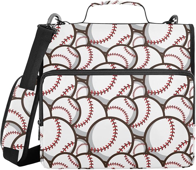 Ball Baseball White Print Zipper Binder Bag 3 Ring with Shoulder Strap & Handle Multi Pocket Binder Organizer Bag Large Capacity for School Office Supplies