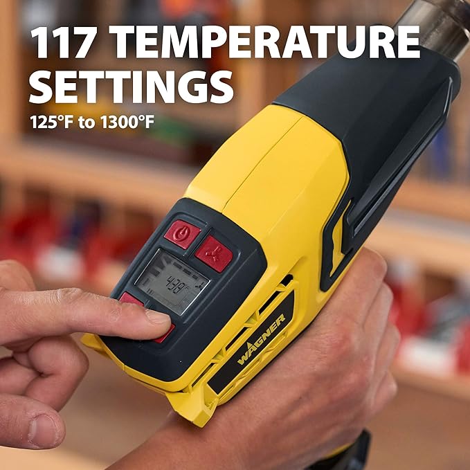 Wagner Spraytech FURNO 700 Variable-Temperature Heat Gun, 125°F to 1300°F | Digital heat gun adjusts from 125°F to 1300°F and includes two nozzles for paint, PVC and craft projects.
