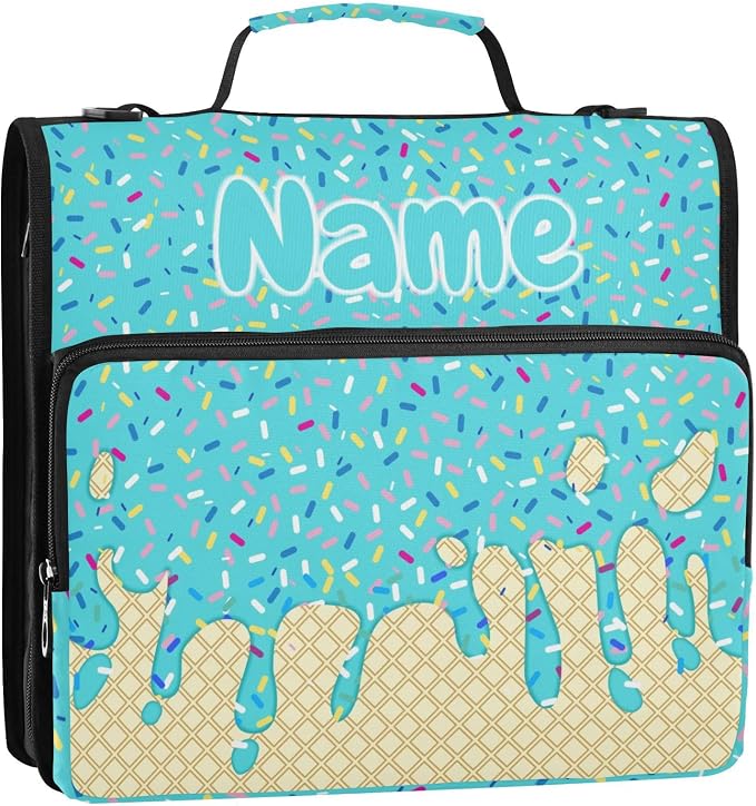 Custom Teal Blue Ice Cream Print 3 Ring Binder Bag 1.5 inch Personalized Name Binder Organizer 500 Sheet Documents Storage for School Office