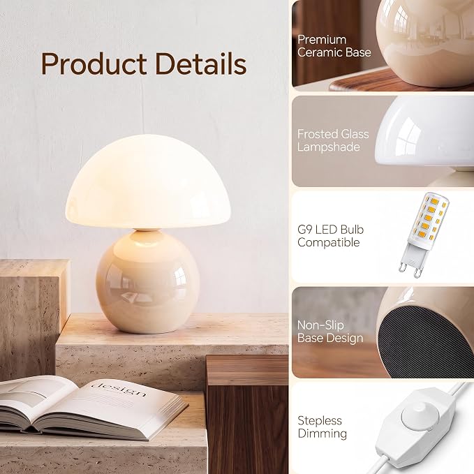 Mushroom Lamp Table Lamp for Bedroom-Small Desk Table Lamps,Cream | 8.7" Mid Century Modern Table Lamps for Living Room Bedroom Decor,Cute Ceramic Lamps for Mushroom Home Room Decor,Glass Shade