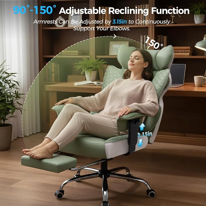 COMHOMA Big and Tall Office Chair Heavy Duty Wide Ergonomic Gaming Chair with Deluxe Embossing Designed Leather with Foot Rest,150°Reclining Adjustable Armrests Pocket Spring Back Support and Pillow
