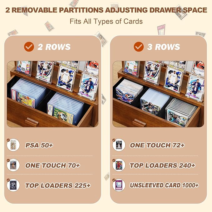 Emfogo Trading Card Display, 3-Tier Card Display Case with Custom Drawer, Wood Graded Card Display with Supporters and Dividers, Sports Card Display Case for Collection (Walnut)
