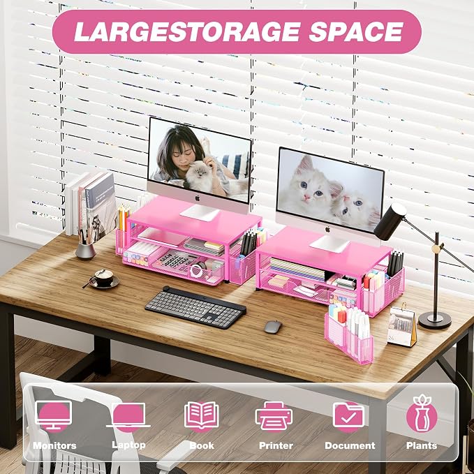 Desk Organizers and Accessories, Computer Monitor Stand Riser with Drawer and 2 Pen Holders, Printer & Laptop Stand, Office Desk Accessories & Workspace Organizers for Home Office Supplies, Carmine Rose