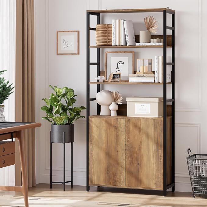 Garvee 71" Tall Bookshelf with Doors and Adjustable Shelf, Brown | Industrial Display Standing Shelf Rack with 3-Tier Shelves, Bookcase with Protective Rails for Living Room, Office