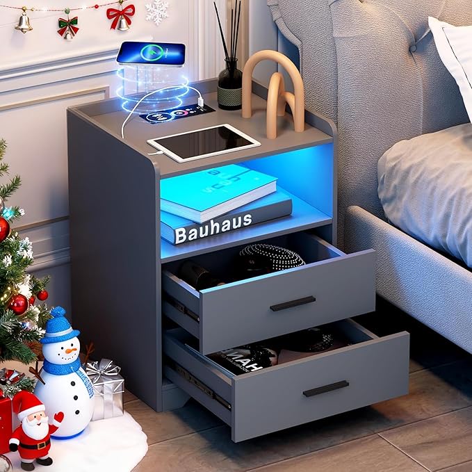 dnbss RGB Nightstand with Charging Station, Smart Bedside Table, Grey | LED Night Stand, 2 Drawers, 1 Compartment, Human Body Sensor, Modern End Side Table for Bedroom Living Room Office Storage