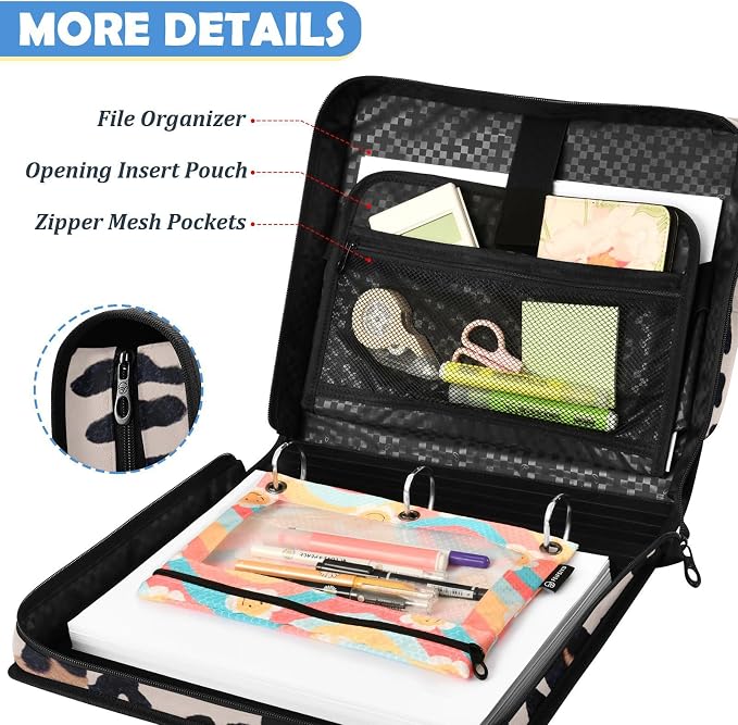 Leopard Print Zipper Binder File Organizer Bag 3 D-Ring | with Shoulder Strap, Holds 500 Sheets & 14in Laptop, 3 Ring Binder for Office Supplies