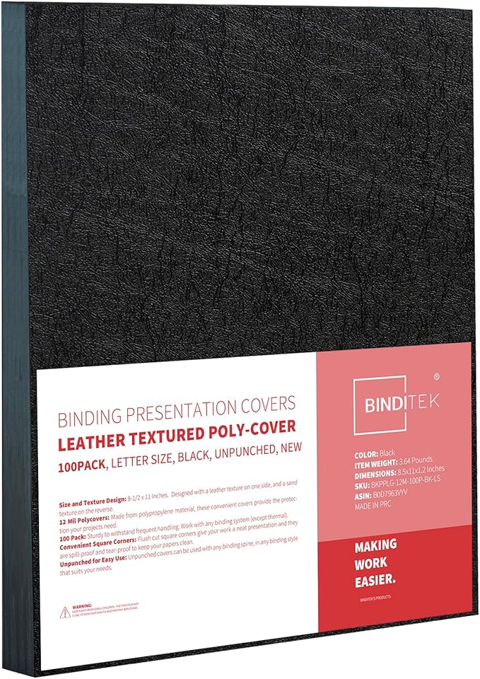 Binditek 12 Mil Leather-Textured Polycovers, 8.5x11 Inches, Black, 100 Pack | Leather-Textured Binding Covers, 8.5x11 Inches Letter Size, Plastic Binding Presentation Covers, Square Corners, Unpunched