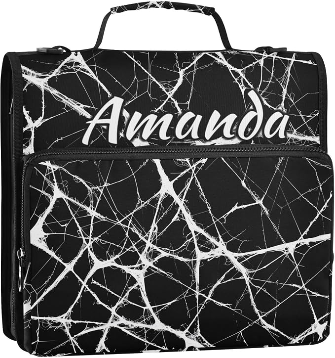 Custom 3 Ring Zipper Binder Black Marble White Pattern Personalized Name 1.5 inch Binders Large Capacity Multi Pockets for School Office Supplies