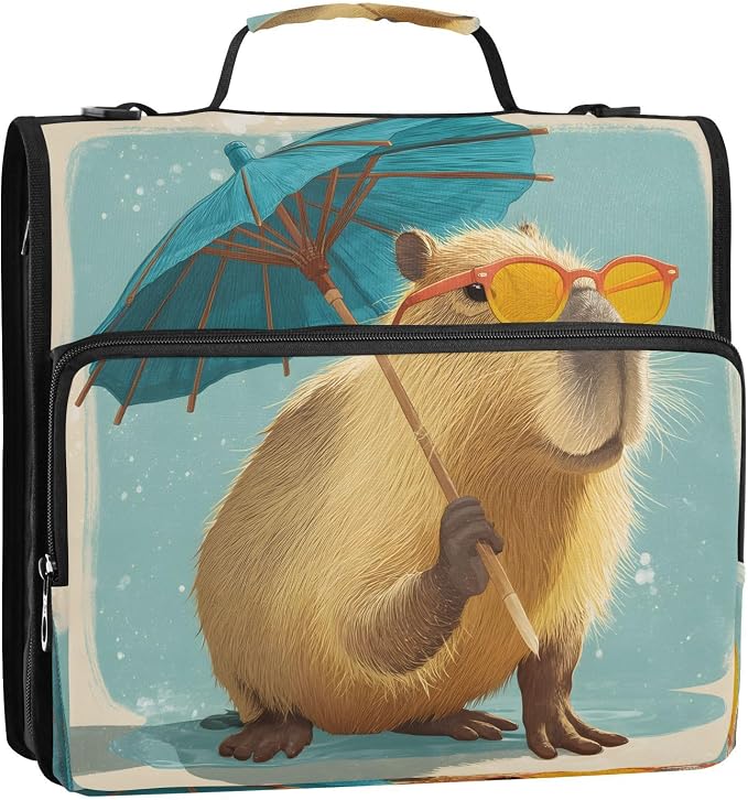 ALAZA Zipper Binder 3 Ring Cartoon Capybara Binder Organizer with Zipper and Shoulder Strap Large Capacity Multi-Pocket Trapper Keeper File Folder for Office Supplies