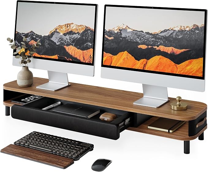 Fenge Dual Monitor Stand with Large Storage Drawer, 42.5" Dsek Shelf, Brown | Slide-Out Drawer with Soft Touch Leather, Ergonomic Monitor Riser, Aluminum leg, 2-Tier Desk Organizer for Laptop, TV, PC