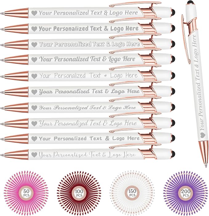 STREADVE Personalized Custom Pens 10 Engraved Writing Pen with Name Logo, Customized Promotional Items Stylus Pen Gifts for Communion Wedding Men Women Realtor Business, White