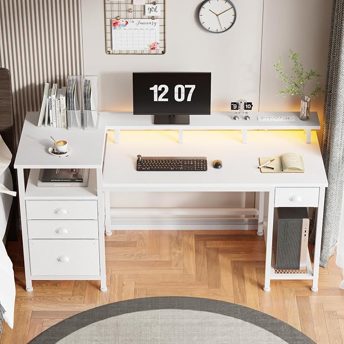 Furologee 60" White Computer Desk with 4 Drawers, Power Outlet, LED Lights | Home Office Desk with Full Monitor Stand,Storage Shelves, 4 File Drawers Cabinet ,Printer Space for Study Working Bedroom