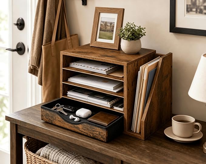 Wooden Desk Organizer with Drawers, Office Paper Mail and Organizer Wood | Four adjustable shelves and a 12-inch drawer organize papers, mail, folders, notebooks, and everyday office supplies.