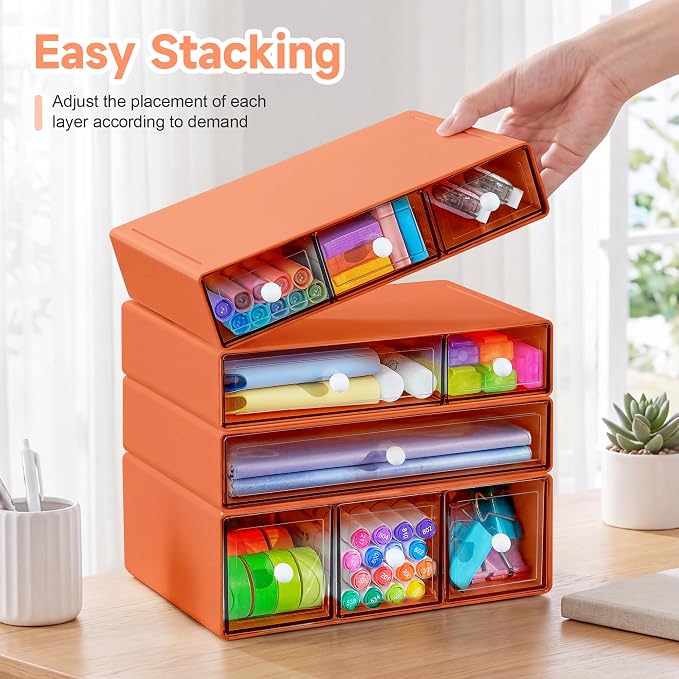 Desk Organizer with 9 Drawers, 4 Tiers Stackable Storage Drawers, Desktop Storage Box with Clear Drawers for Stationery, Makeup, Jewelry, Office and Craft Supplies (Orange)