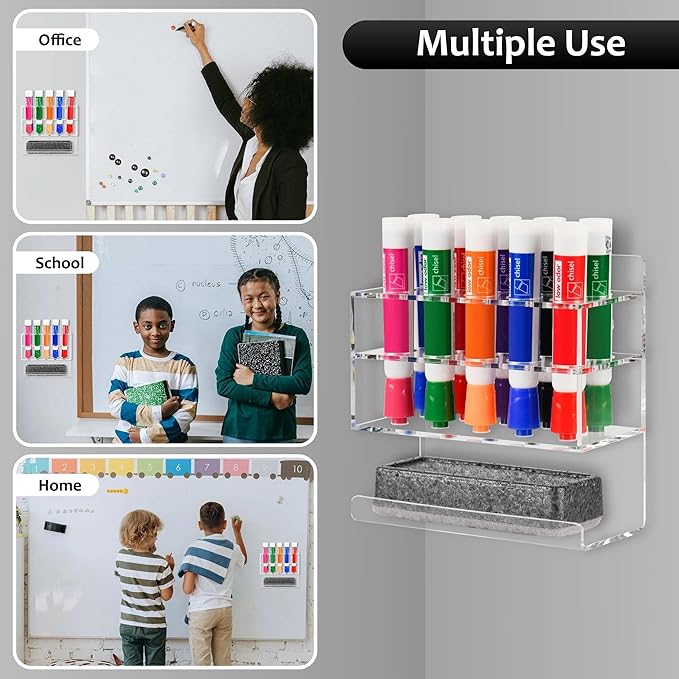 Dry Erase Marker Holder, Wall Mounted Acrylic Marker Holder with 10 Slots, Sticky Pen Storage for Classroom Organization, Office, Whiteboard, Desk Locker Organizer Accessories, Clear