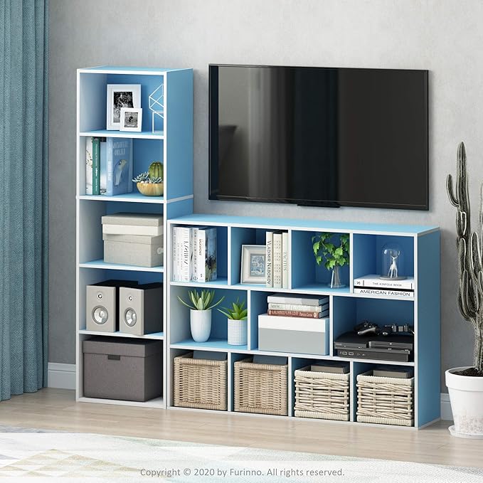 Furinno LUDER Book Shelf, 5-Tier Bookshelf, Bookcase with Open Shelves, 9.4 x 15.8 x 52, Easy Assembly, for Living Room, Bedroom, Home Office, White/Light Blue